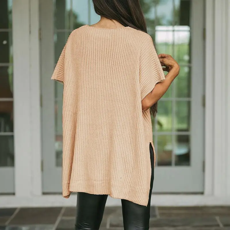 Women’s Crew Neck Short Sleeve Pullover Elegant Solid Color Knitwear
