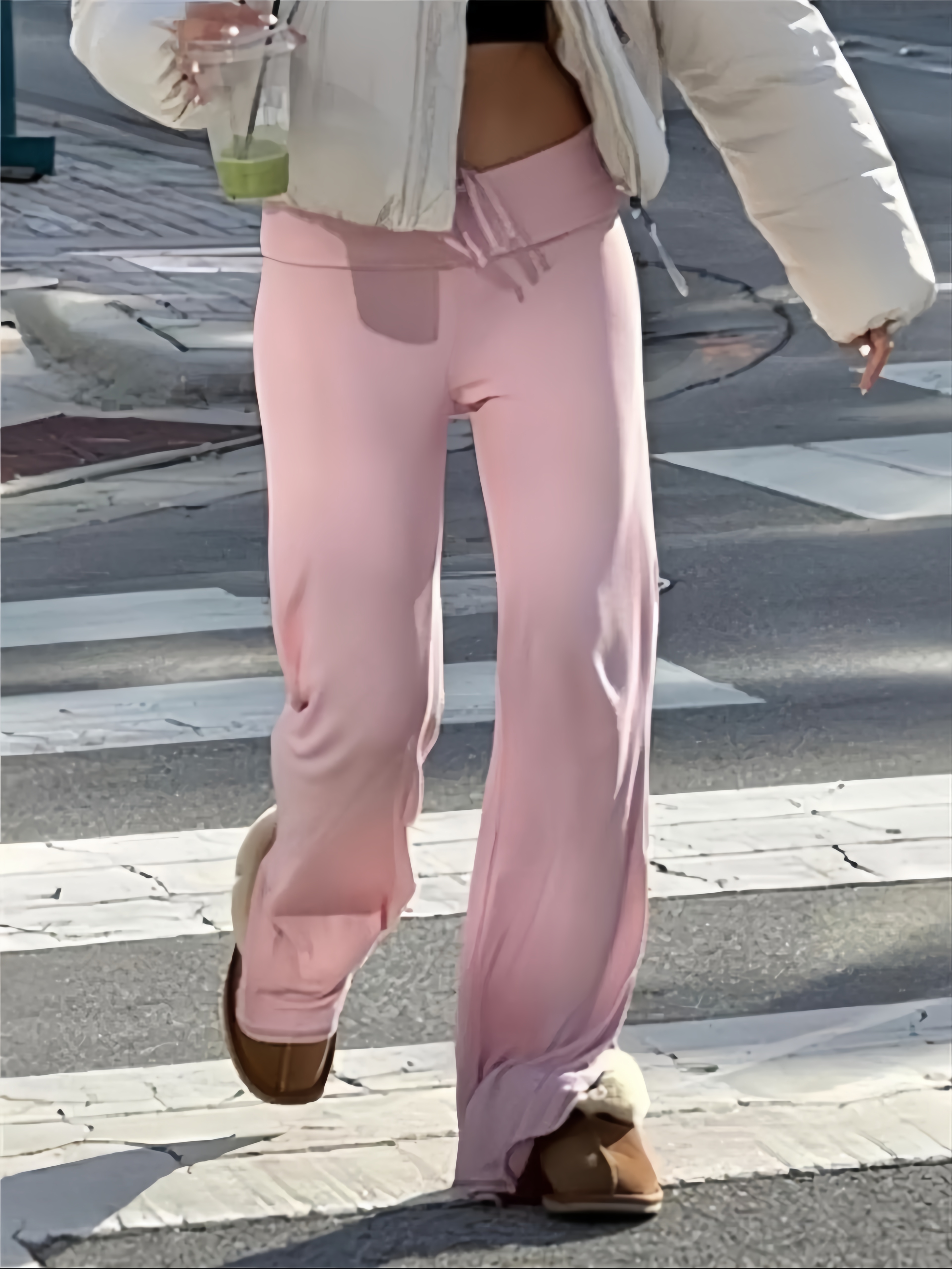 Women's Solid Adjustable Drawstring Foldover Waist Straight Leg Fitted Pants