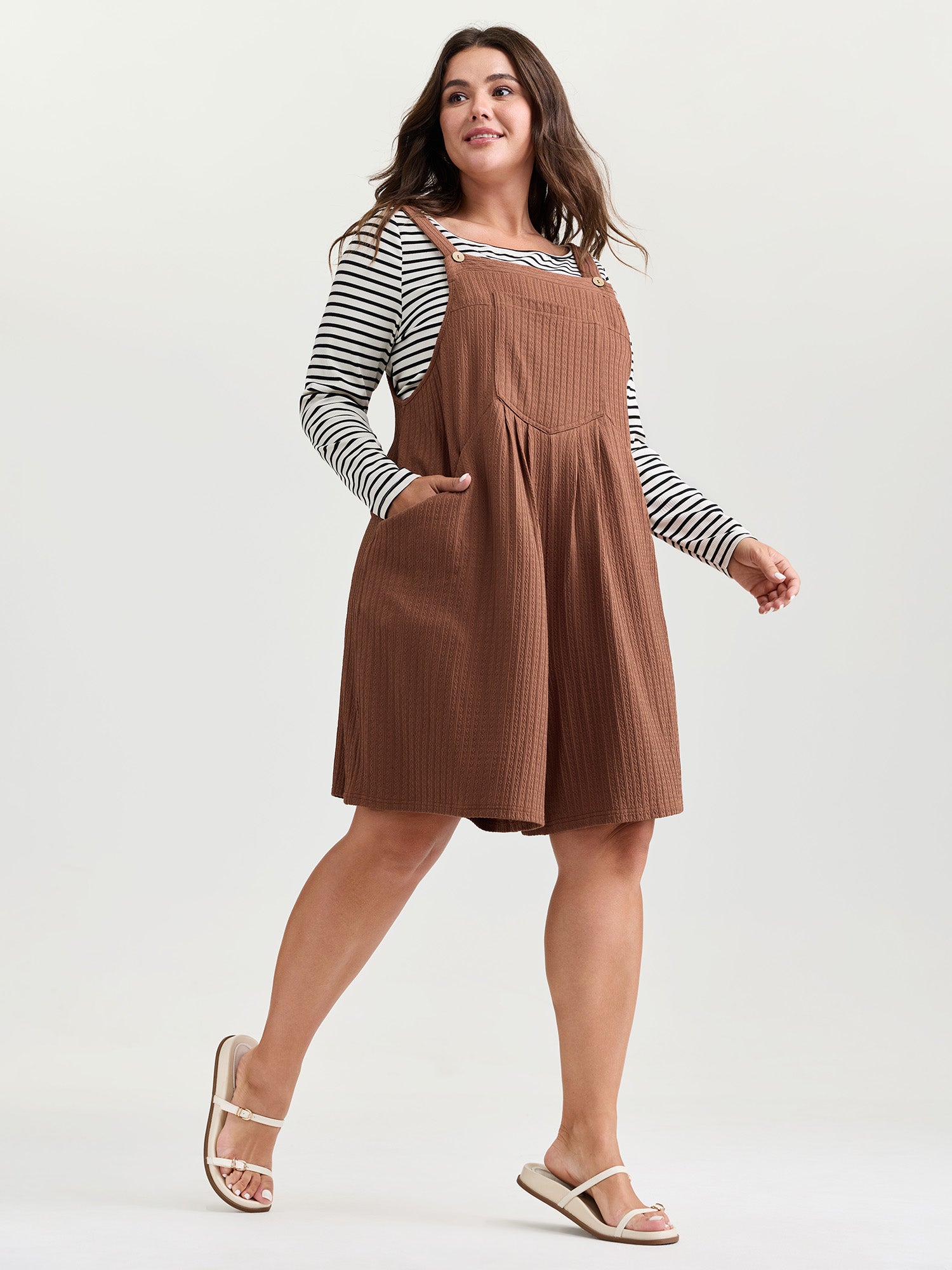 Textured Pleated Front Overall Cropped Jumpsuit