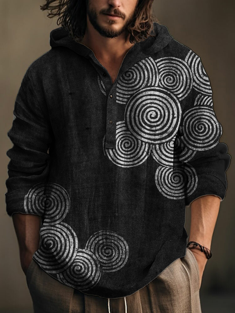 Sea Waves Ripples Japanese Lino Art Linen Blend Hooded Shirt