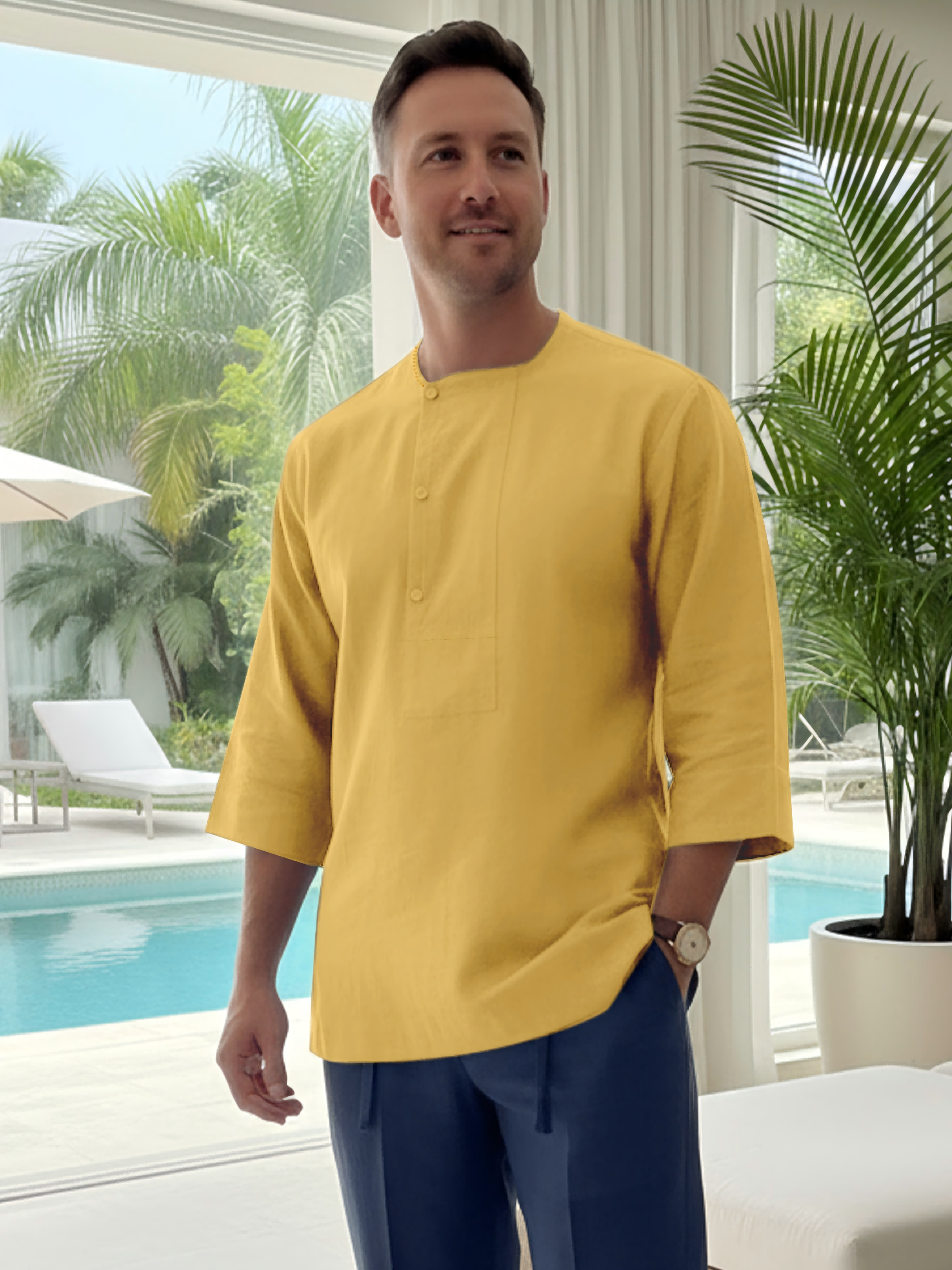 Men's Exclusive Design Side Button Cotton and Linen T-shirt