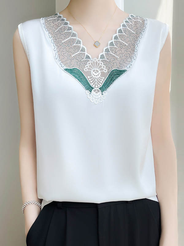 Embroidered Mesh Split-Joint Loose Sleeveless V-Neck Vest Top