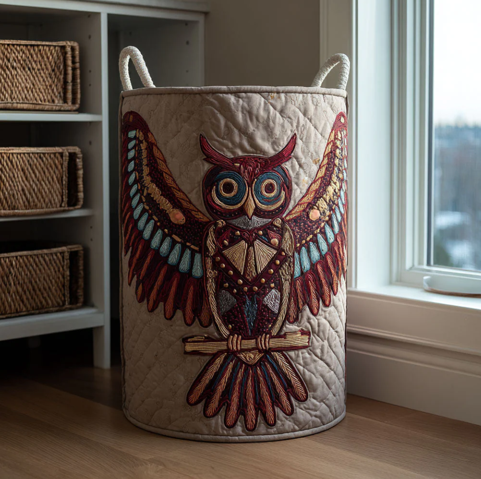 Exquisite Owl Pattern Quilted Laundry Basket Eco-Friendly Machine Washable Storage Container for Home Study Room Bedroom Organization | Owl