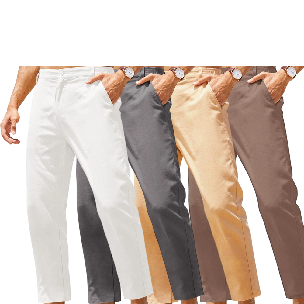 Men's Cotton Linen Pants Elastic Waist Lightweight Casual Pants Slim Fit Yoga Beach Pants with Pockets Menswear Trouser Daily