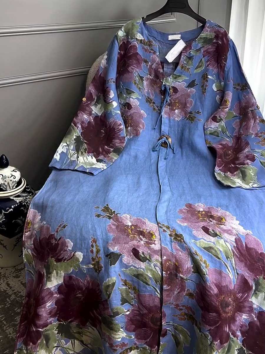 Women's V-neck Long Sleeve Vintage Positioning Print Casual Loose Cotton and Linen Dress