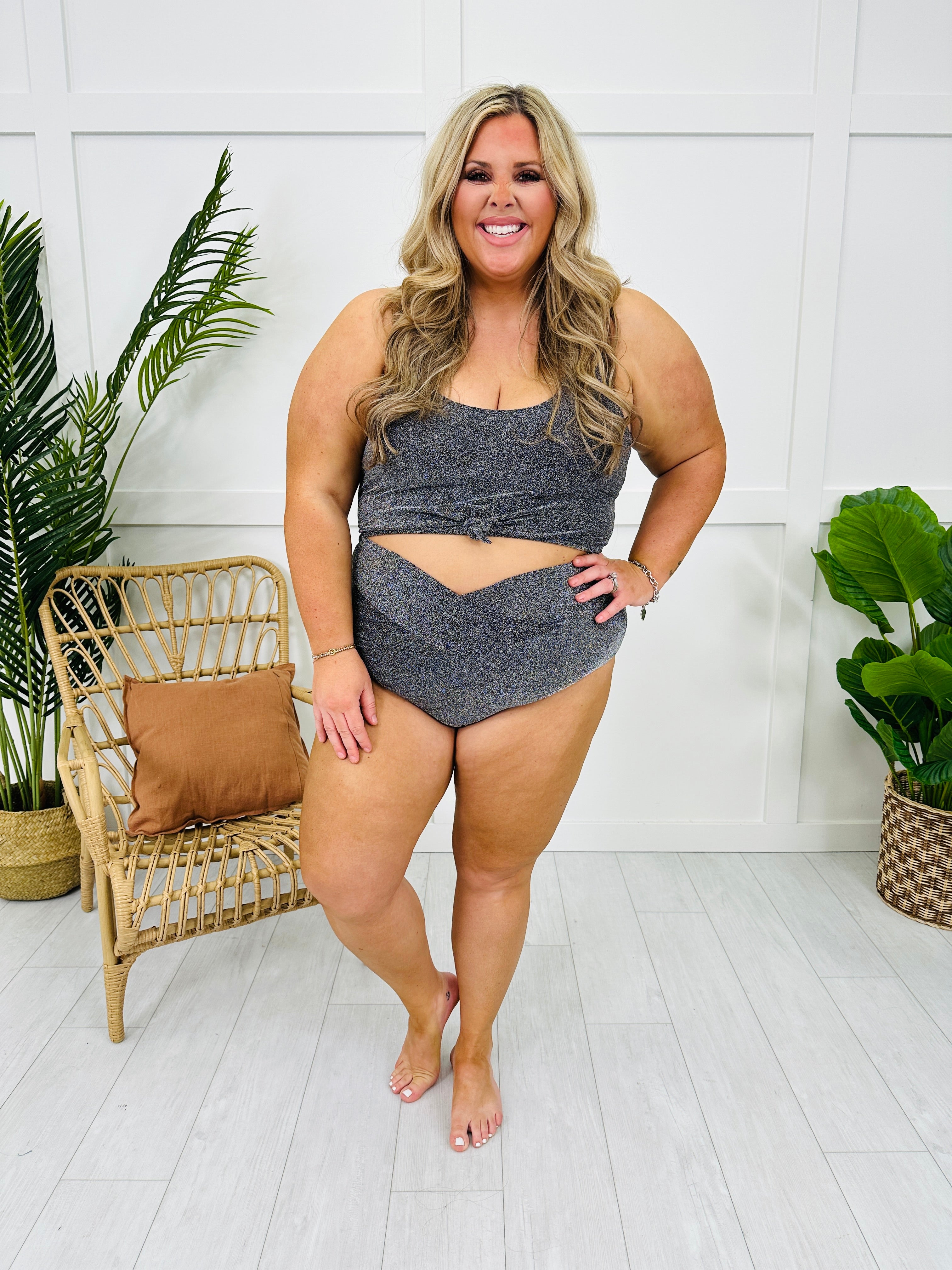 High Waisted V-Cut Swim Bottoms in Black Shimmer