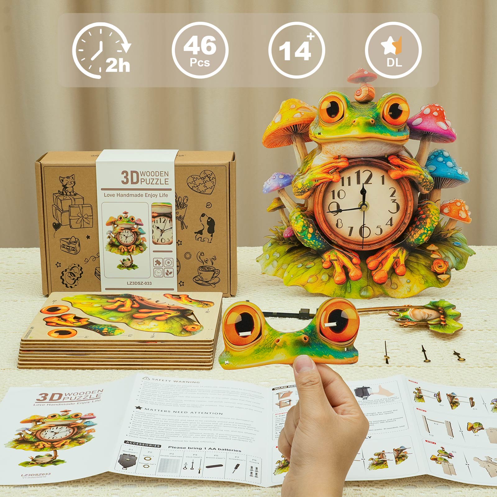 Frogâ€“ DIY Wooden Clock, 3D Puzzle Craft Kit