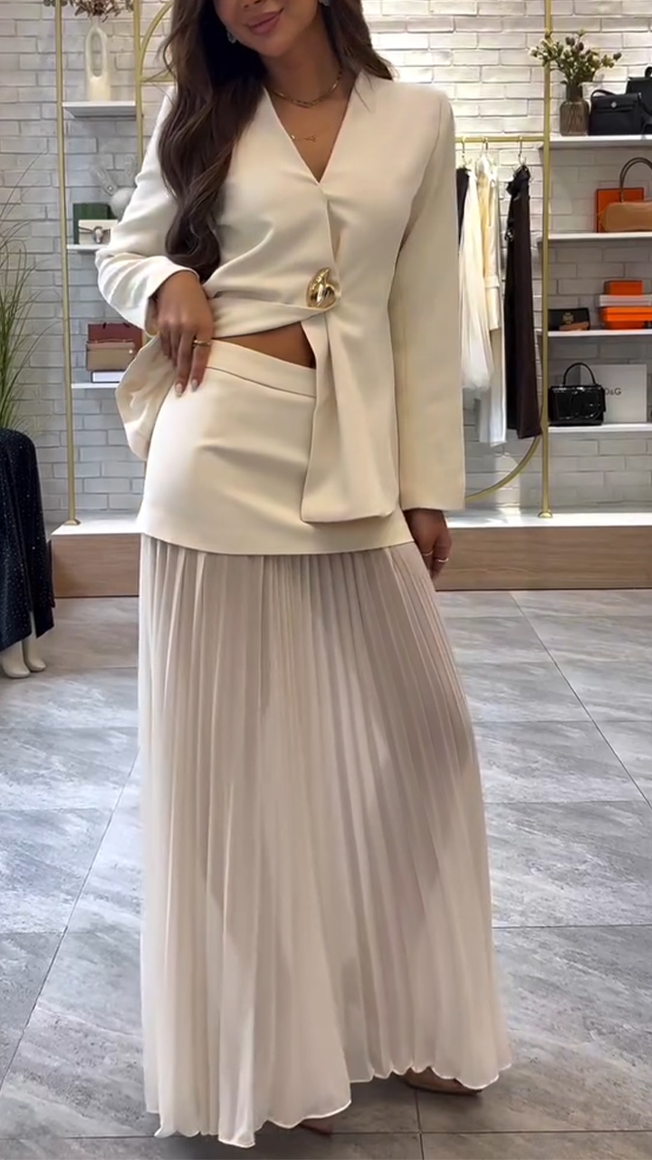 Women V-neck Jacket+ Patchwork Skirt Casual Set with Temperament