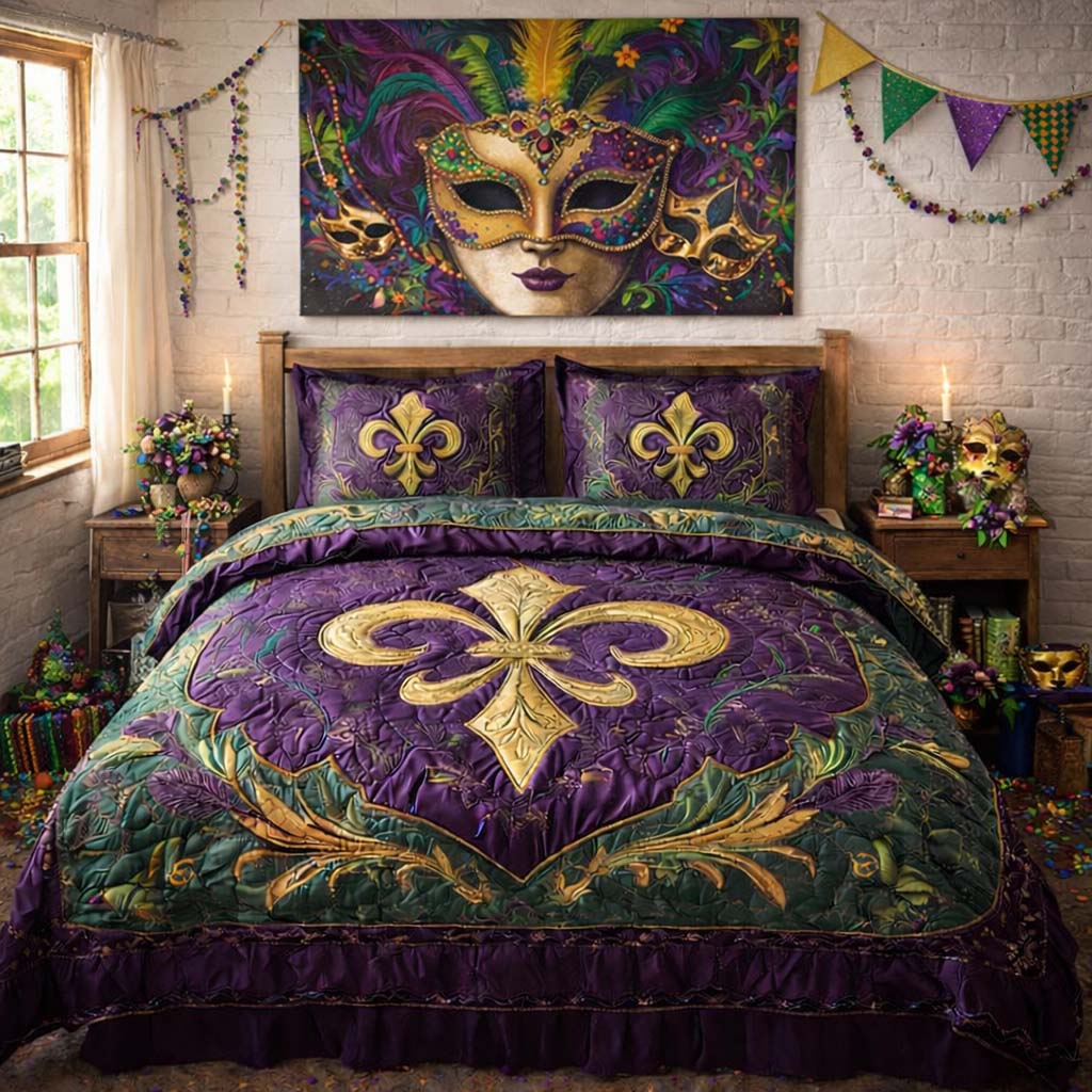 Mardi Gras Fleur de lis 3-Piece Quilted Bedding Set GFTOHD3547