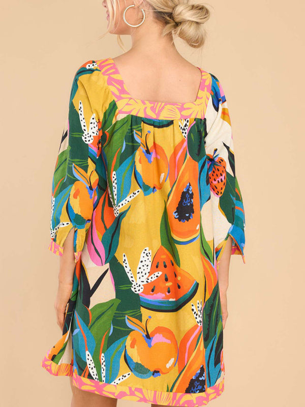 Fresh And Sweet Printed Long Skirt Three-Quarter Sleeve A-Line Skirt