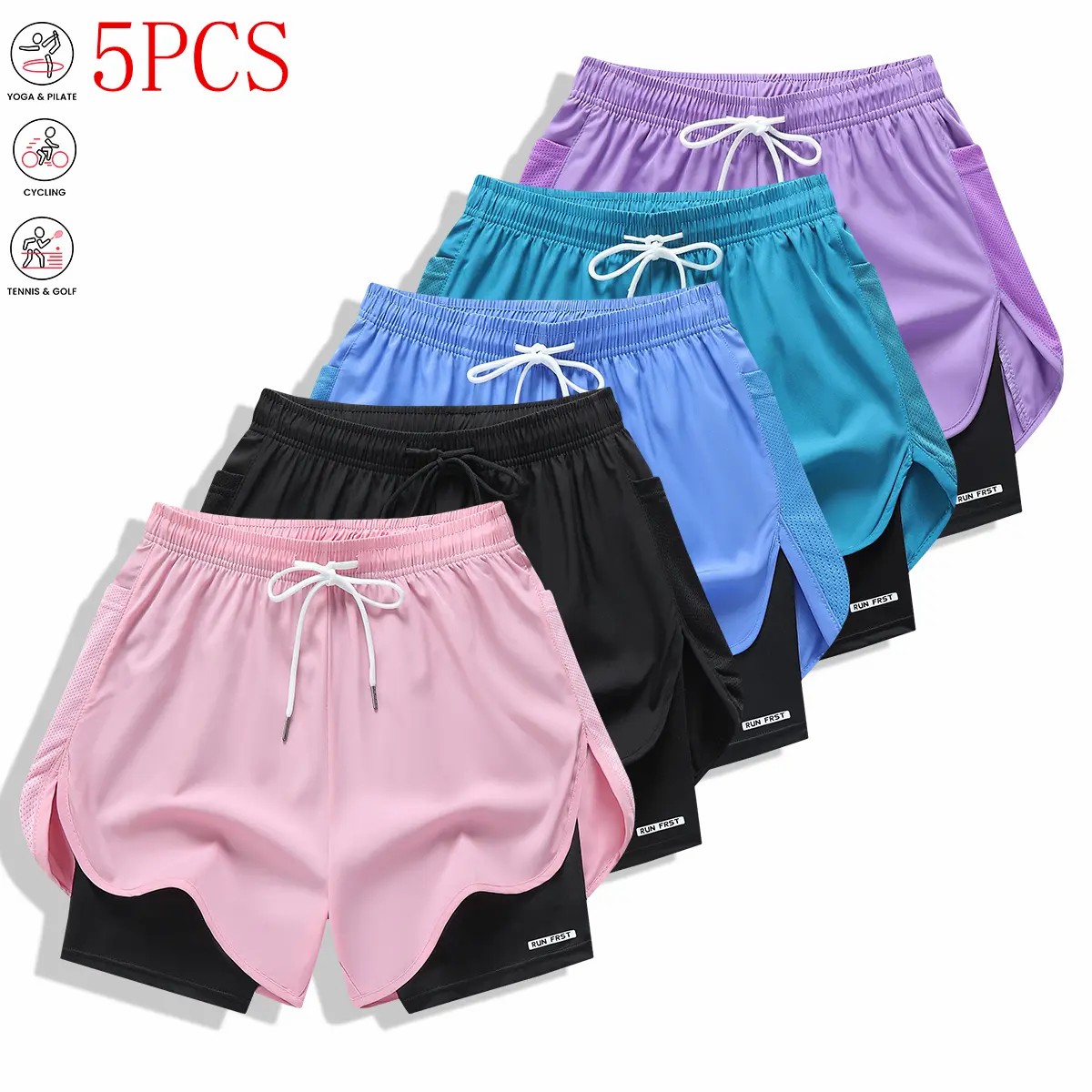 Pack of 5 women’s casual athletic shorts, solid color, faux two-piece design with built-in liner, elastic drawstring waistband, suitable for outdoor fitness, running, sports, and casual wear; women’s shorts