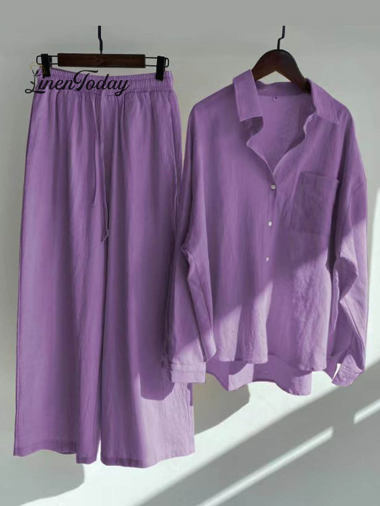 Women's Solid Color Loose Elegant High Waist Casual Cotton And Linen Suit