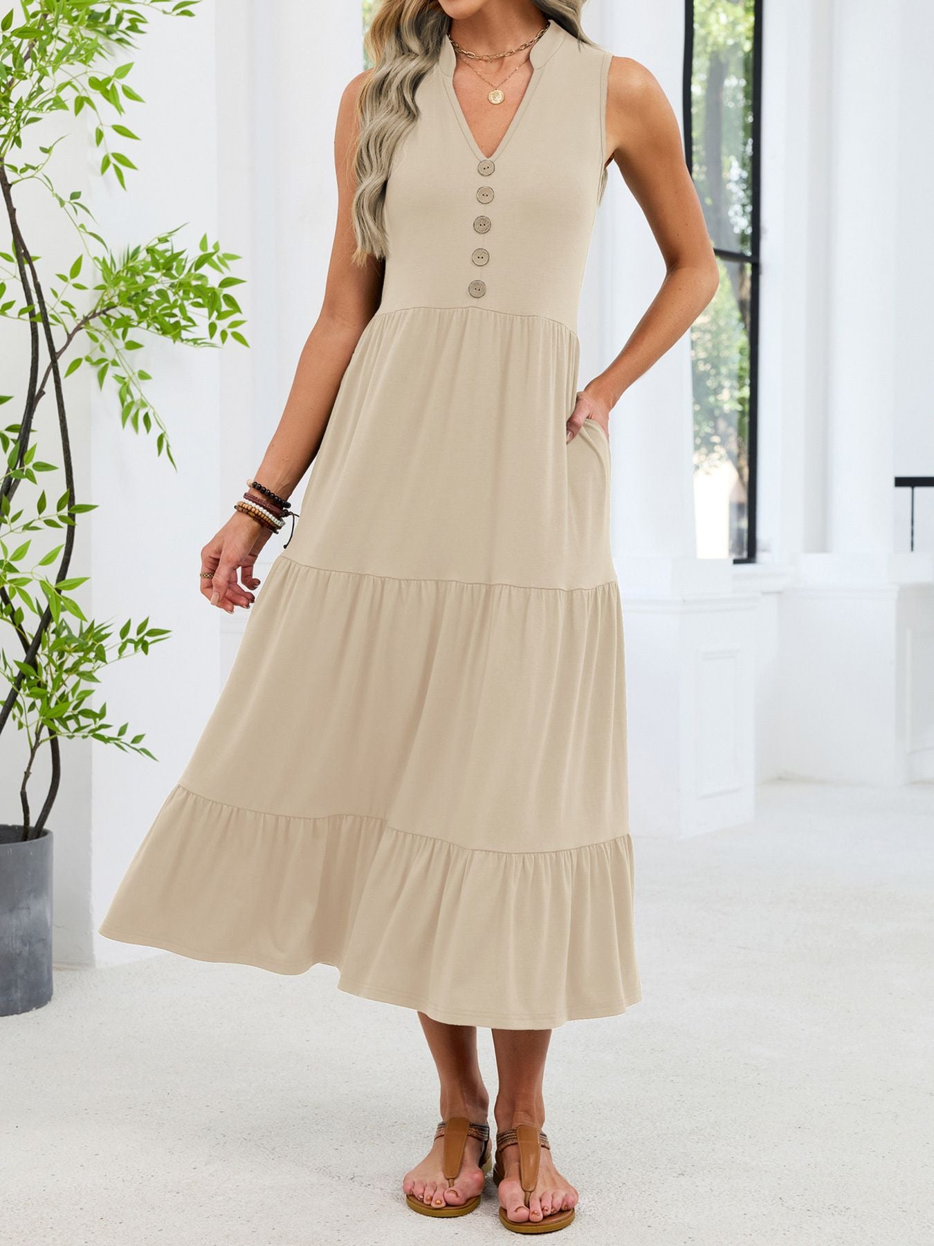 Ruffled Notched Tiered Midi Dress