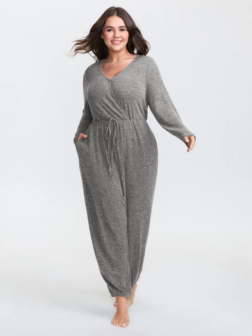 Soft Fitted Lounge Jumpsuit with Tie Neck & Side Pockets