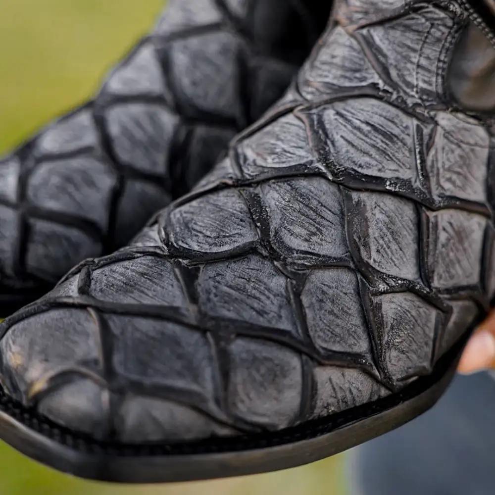 Meteorite Grey Rustic Pirarucu Leather Boots - Square Toe