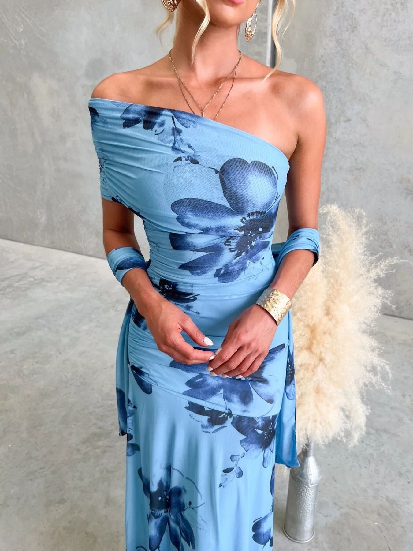 Floral Print One-Shoulder Ruched Maxi Dress