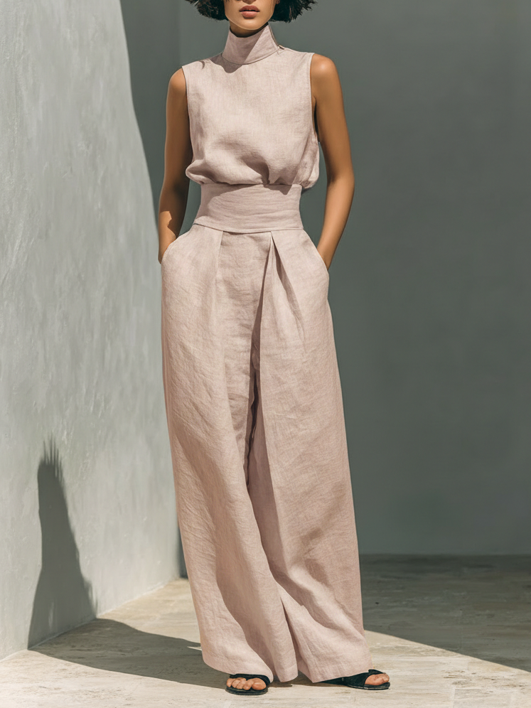 Elegant stand-collar shirt and wide-leg pants two-piece set