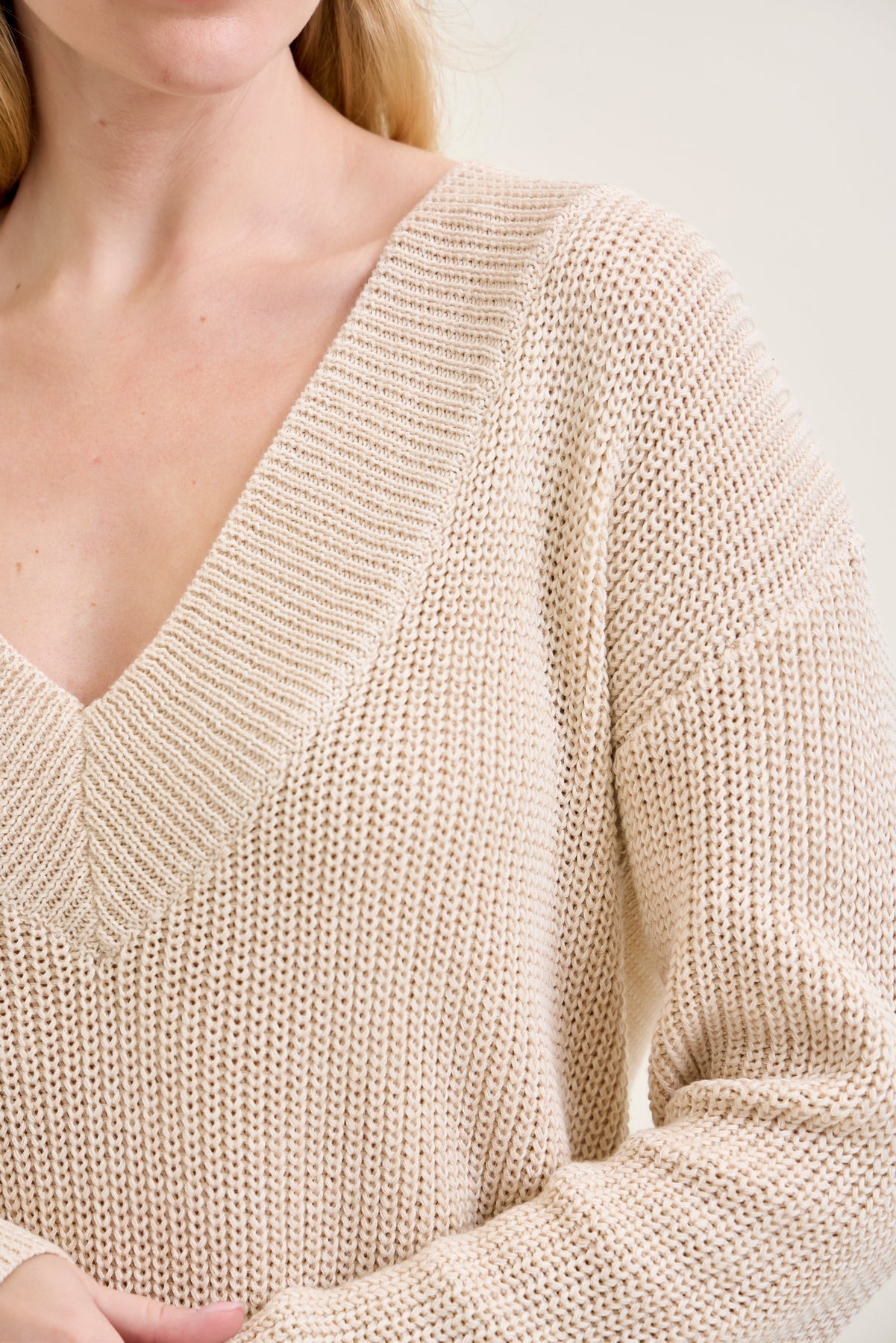 Slouchy V-Neck Off Shoulder Beige Sweater