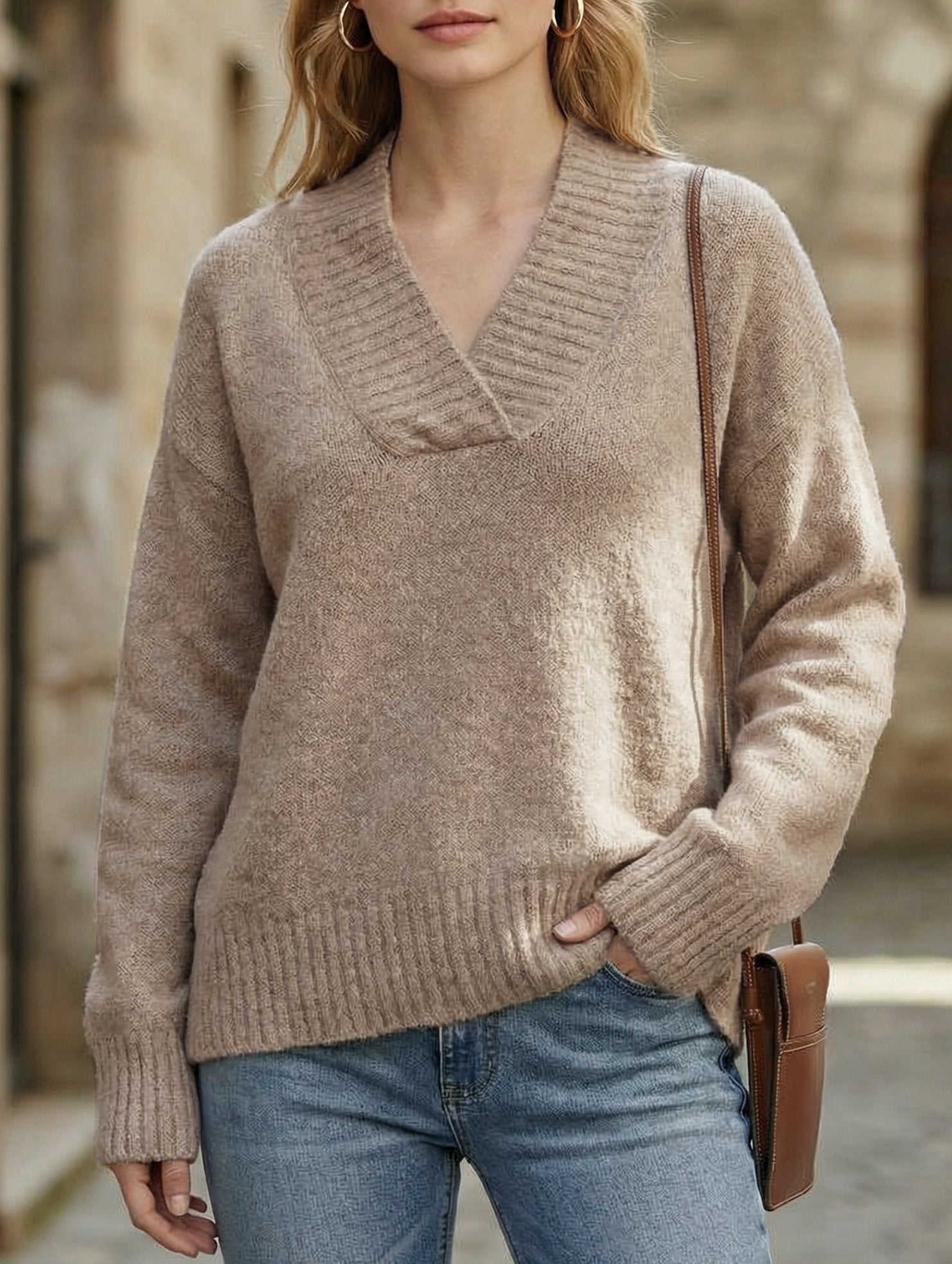 Loose V Neck Ribbed Knit Sweater