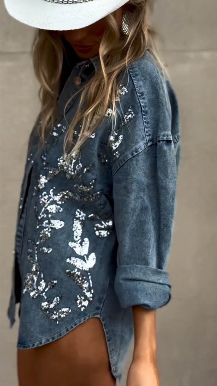 Women Lapel Buttoned Printed Casual Denim Jacket