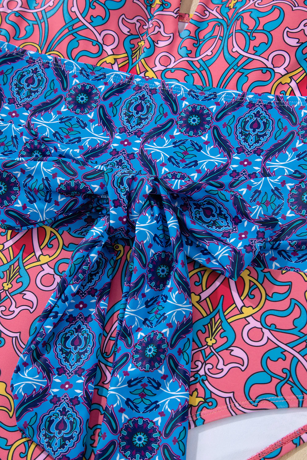 Blue Geometric Print Hollow Out Knotted Waist One Piece Swimsuit