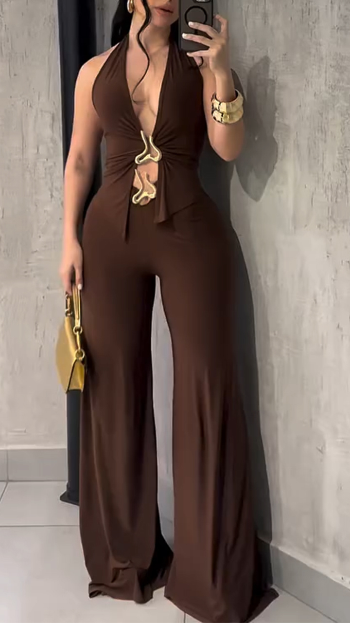 Women Halter Neck Hollow Metal Buckle Decorated Top + Pants Sexy Temperament Casual Suit