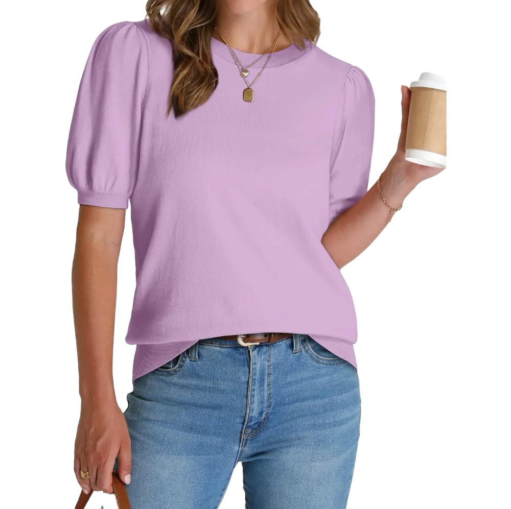 OFEEFAN Women's Puff Short Sleeve Sweater – 2025 Spring/Summer Trendy Business Casual Work Blouse