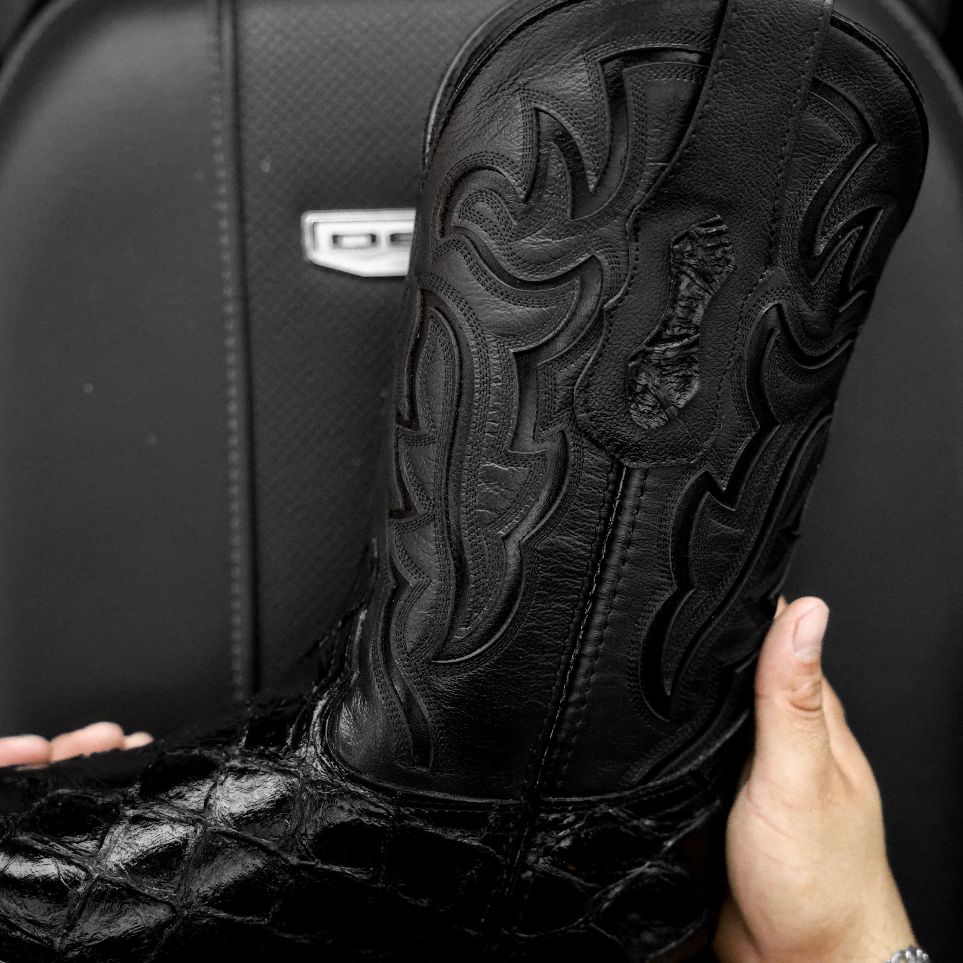 Total Black Pirarucu Leather Boots - Square Toe