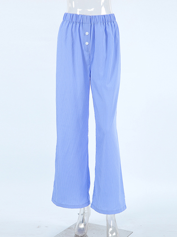Buttoned Elasticity Split-Joint Striped Loose Wide Leg Trousers Pants
