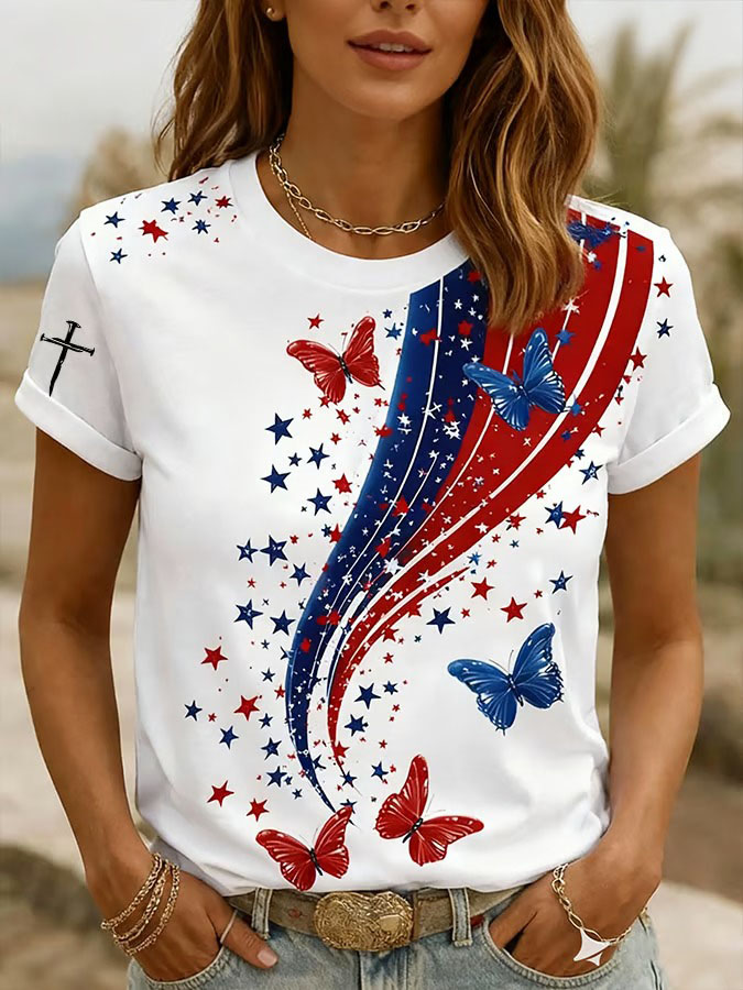 Women'S Retro American Independence Day Commemorative Printed Round Neck Short Sleeved T-Shirt