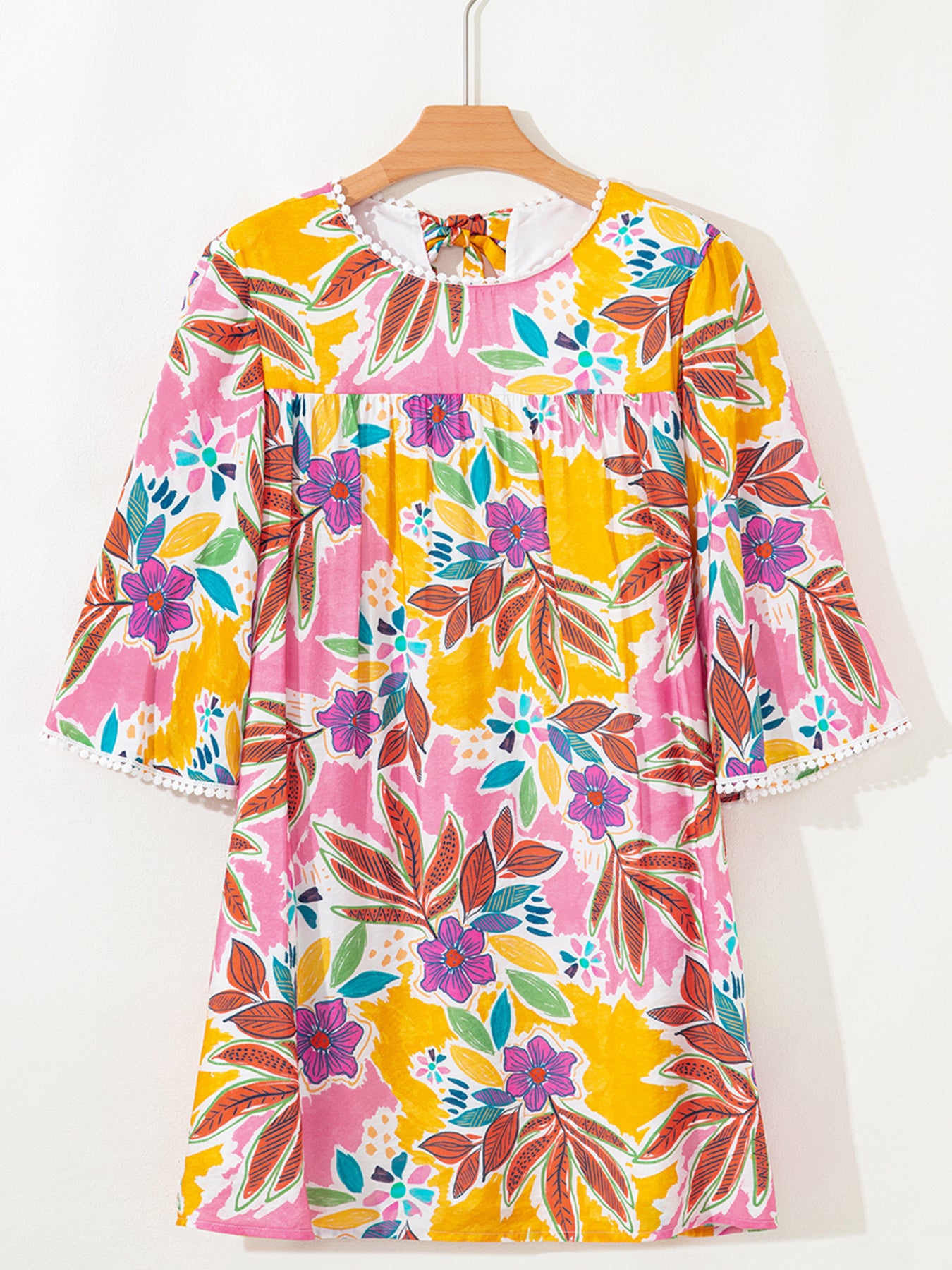 Floral Print Lace Trimmed Tie Back Bell Sleeve Swing Mini Dress