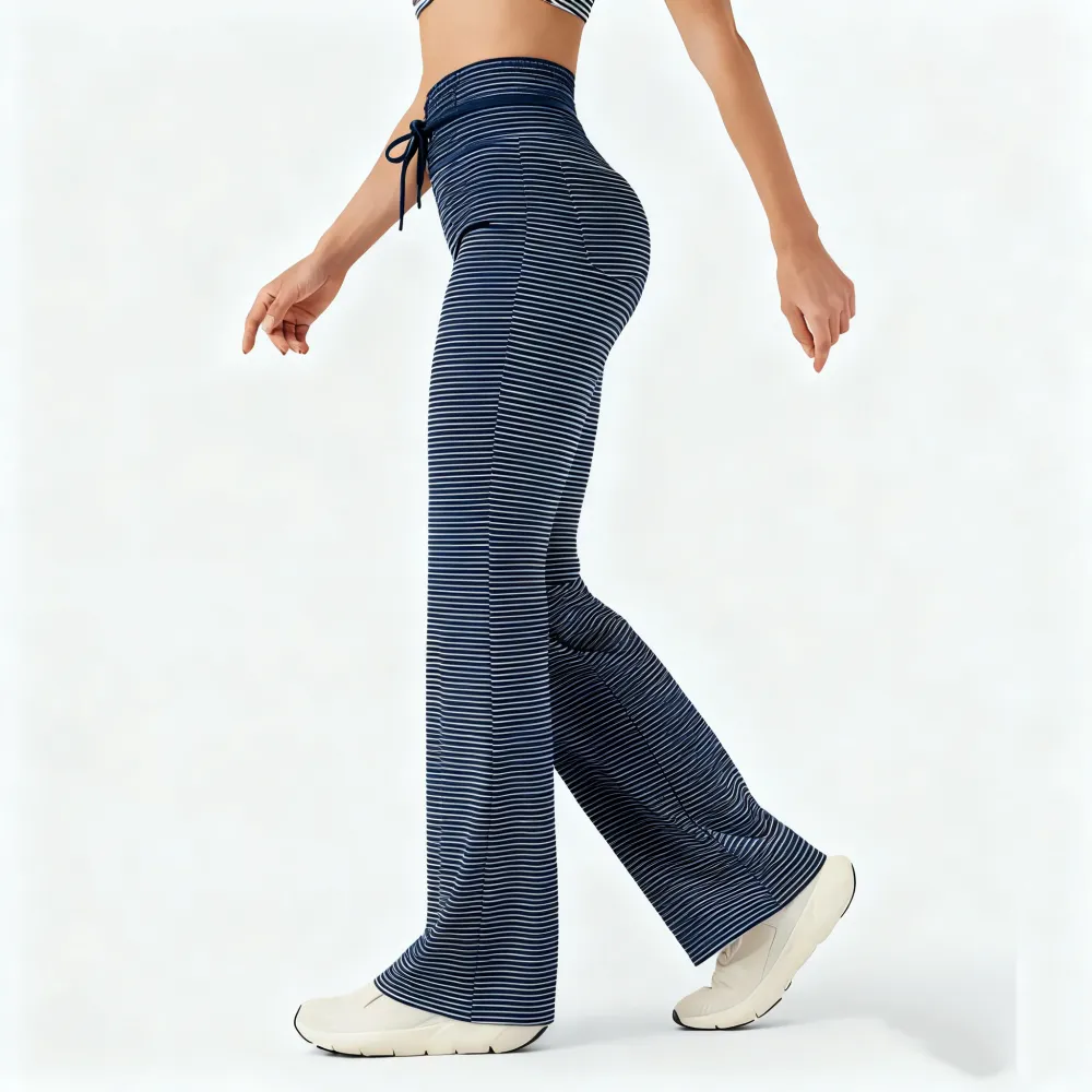 High Waisted Drawstring Stripe Flare Yoga Pants with Pockets