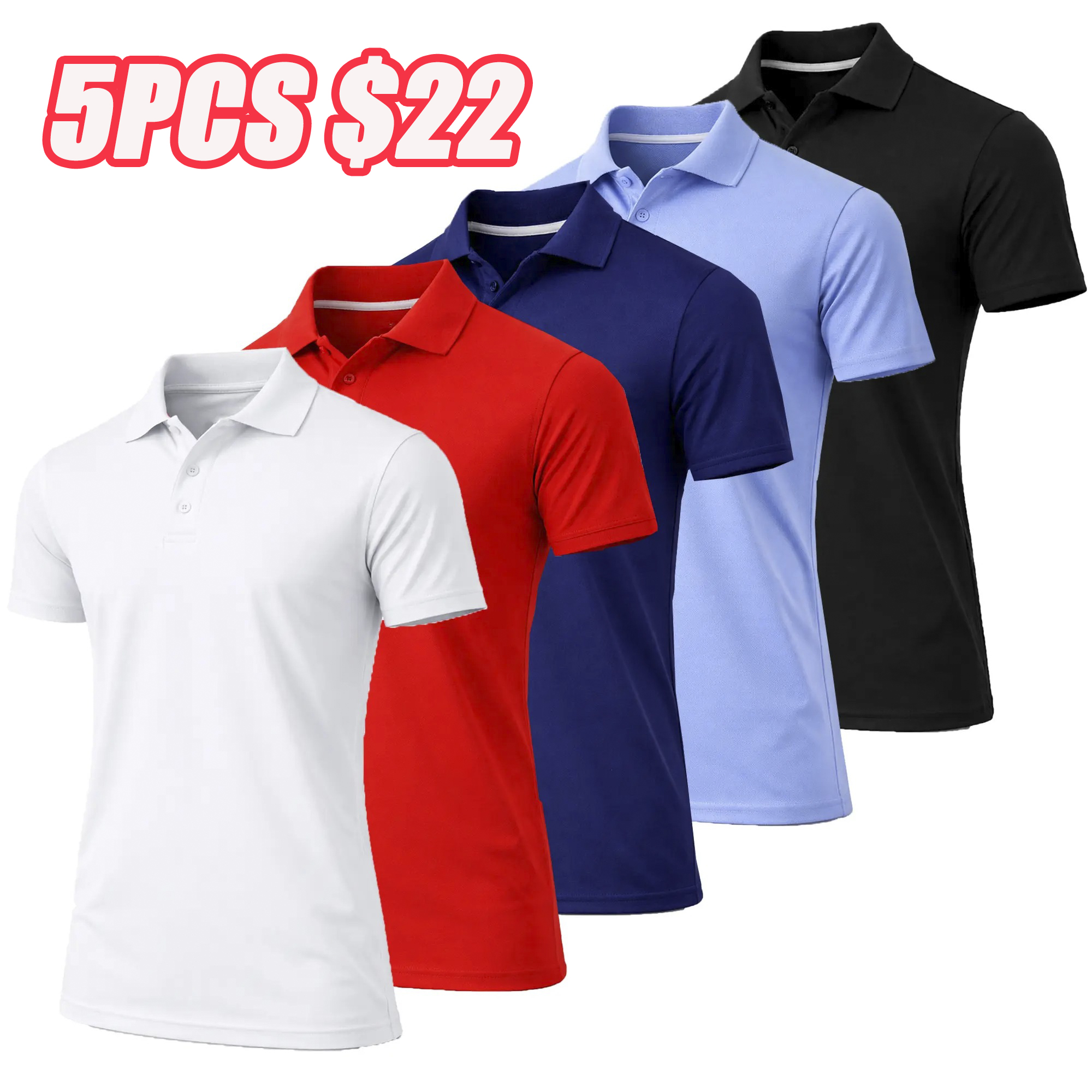 Men's 5-Pack Moisture-Wicking Fabric Polo Collar Shirt Menswear Stylish Ribbed Sleeve