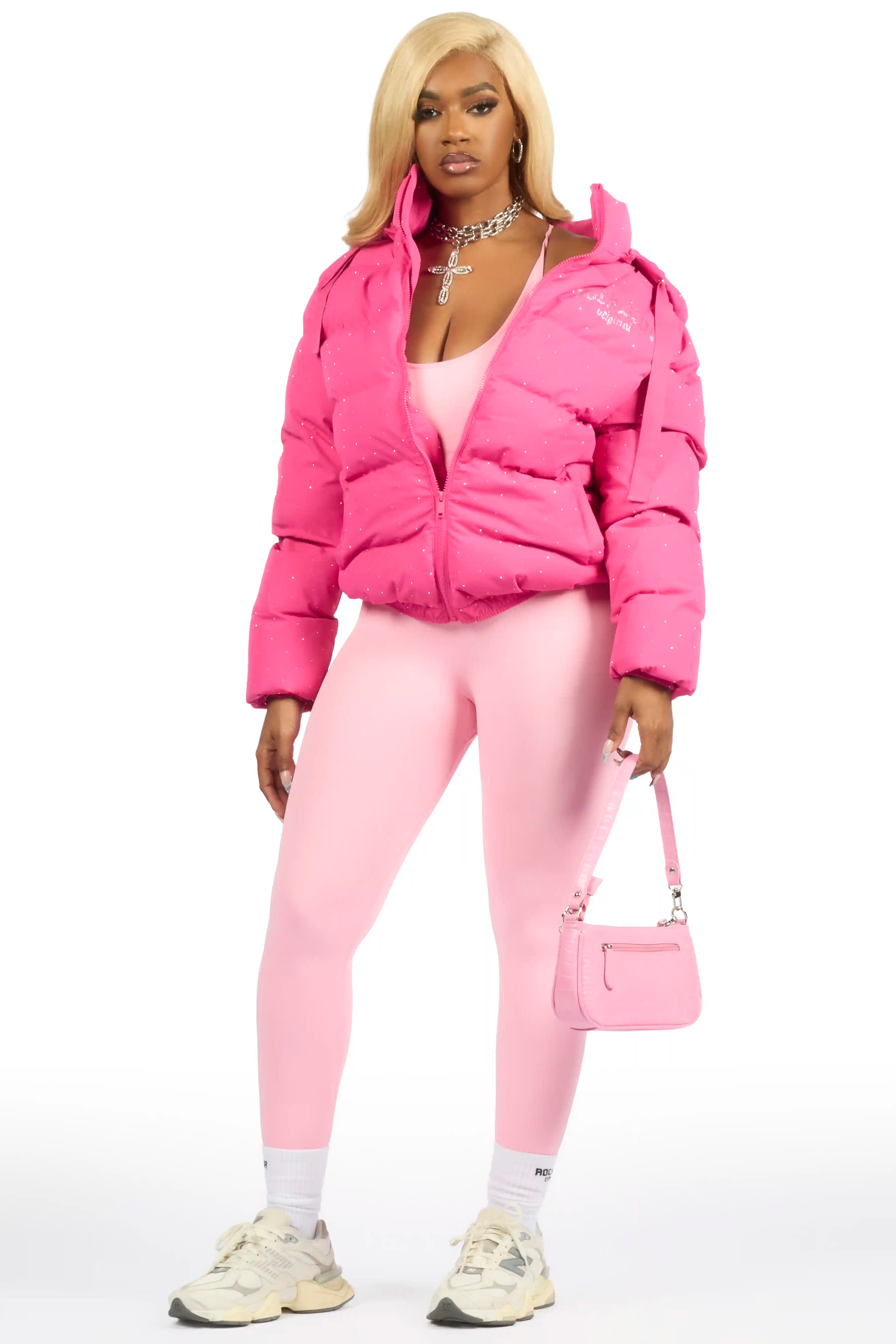 Onellia Hot Pink Rhinestone Puffer Jacket