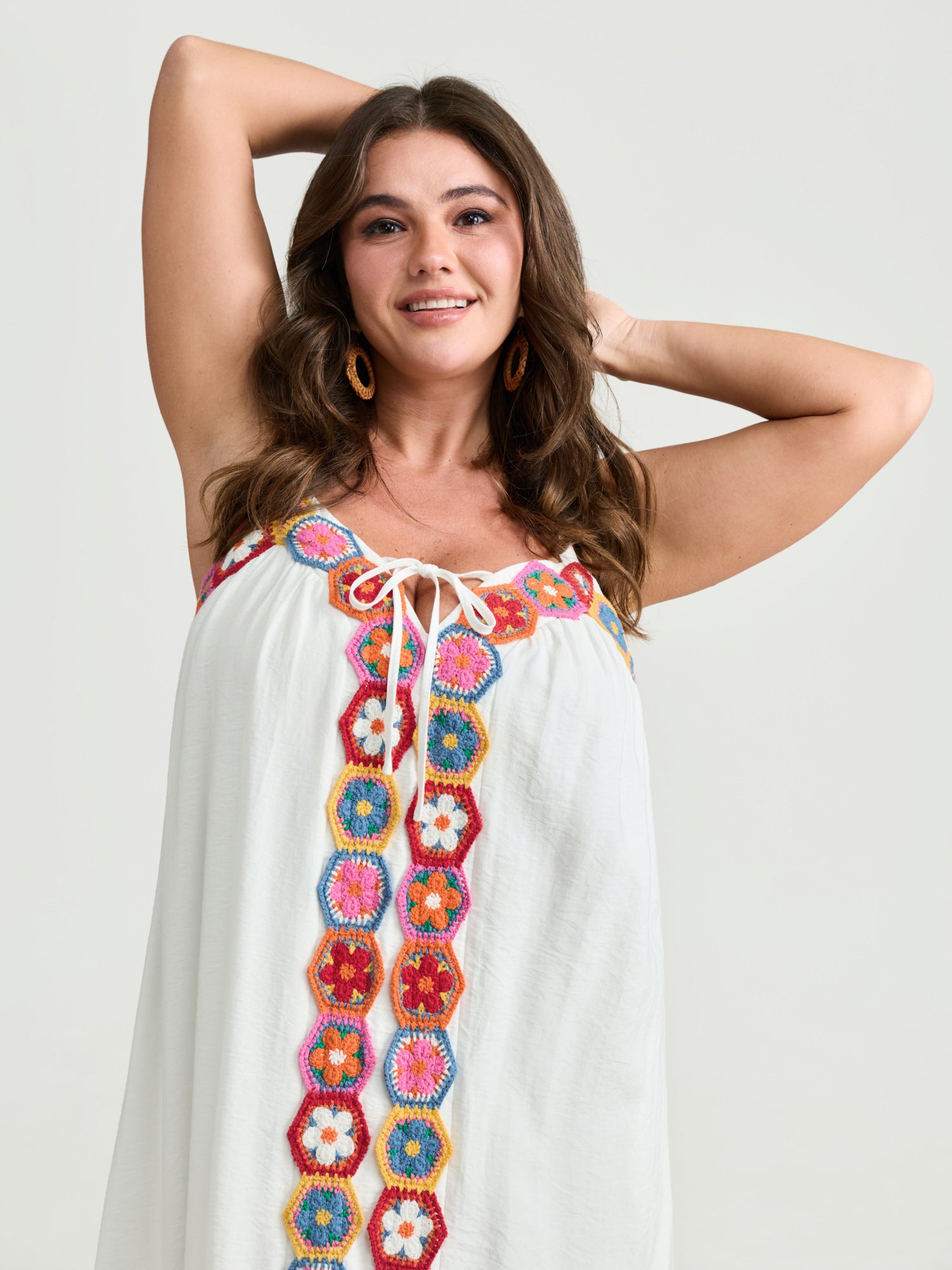 Colorful Floral Crochet Front Cami Midi Dress