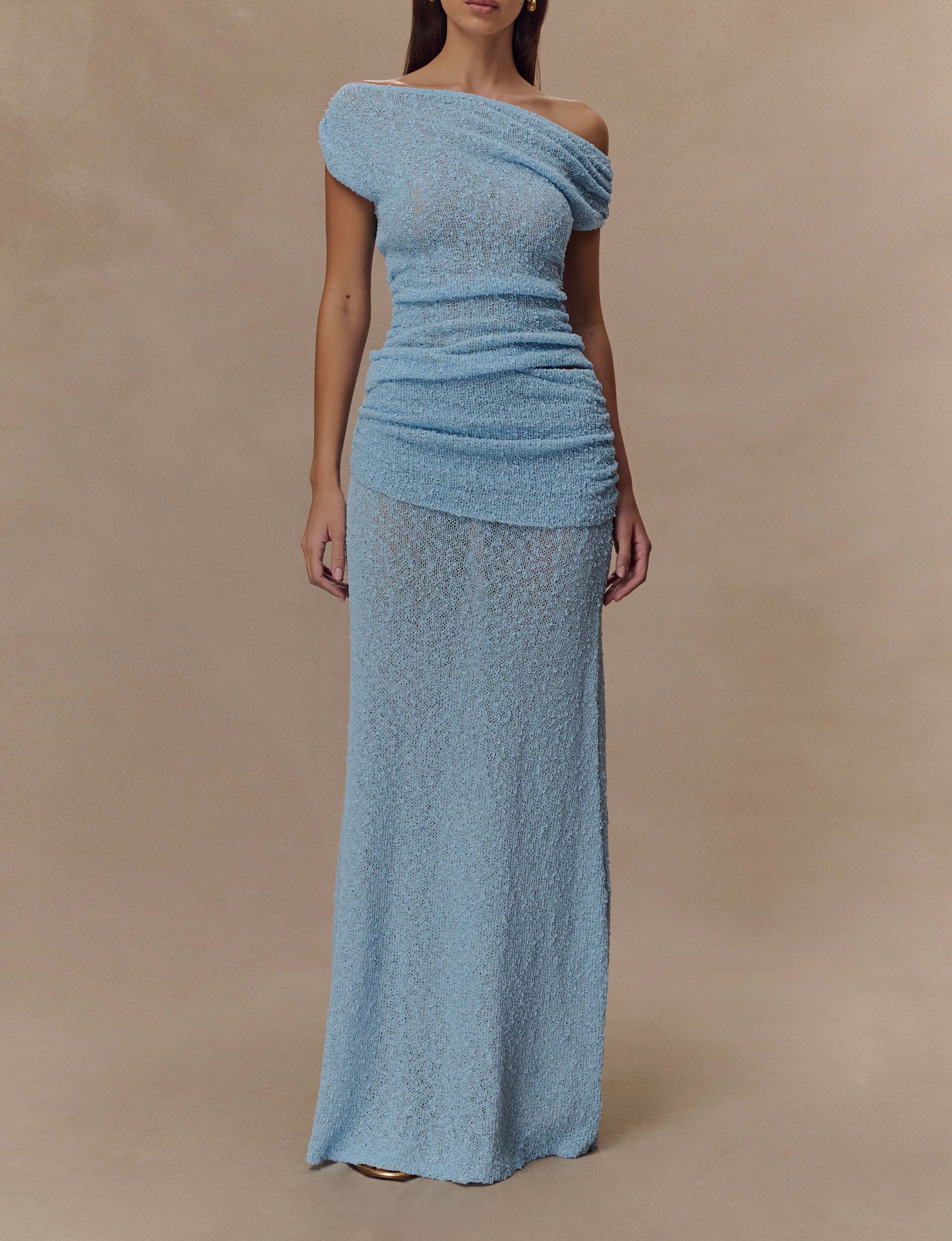 Blue Ruched Knit Maxi Skirt