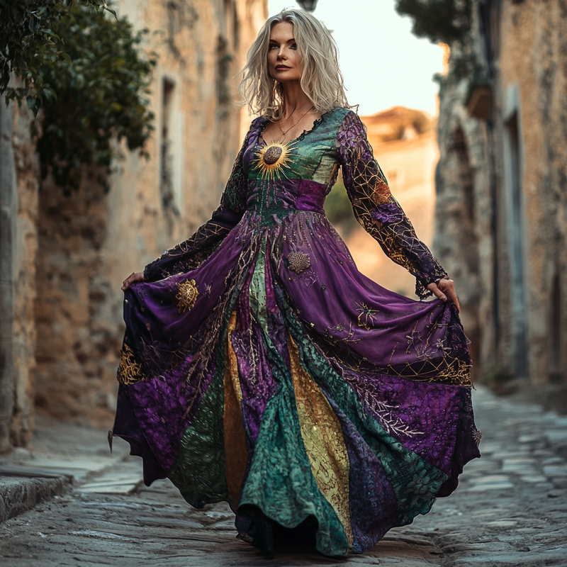 Vintage linen dress with star and sun embroidery 88d0