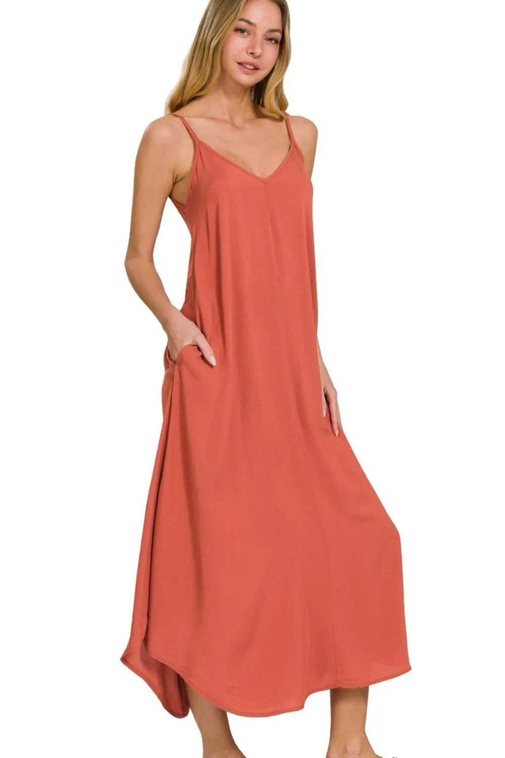 Woven Arc Hem Cami Midi Dress With Flowy Pockets