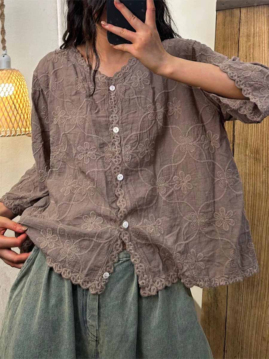 Women's V-neck Half Sleeve Embroidered Cardigan Buttoned Casual Linen Top