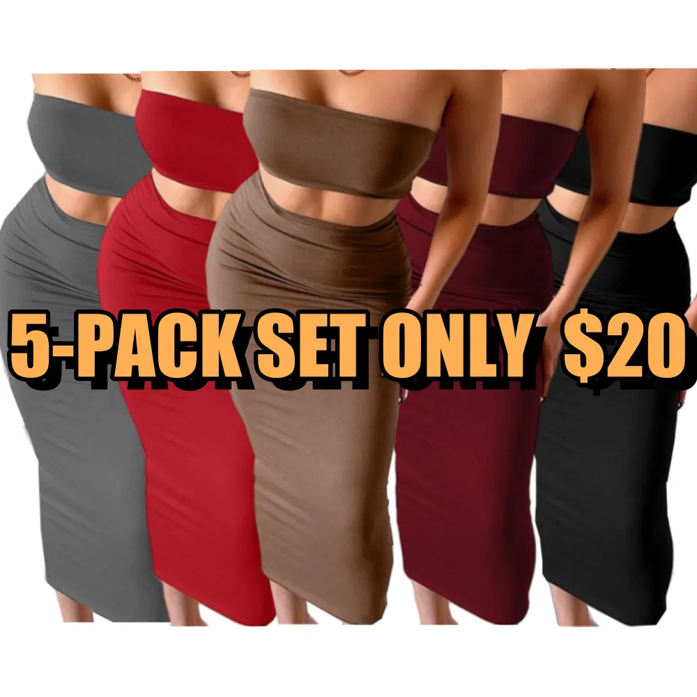 Women's Solid Backless Crop Tube Top & High Waist Skirt Set