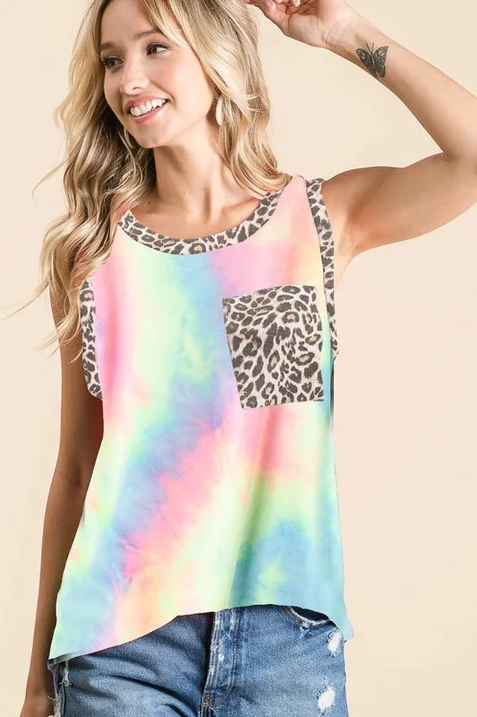 Sleeveless Tie Dye Top With Leopard Band