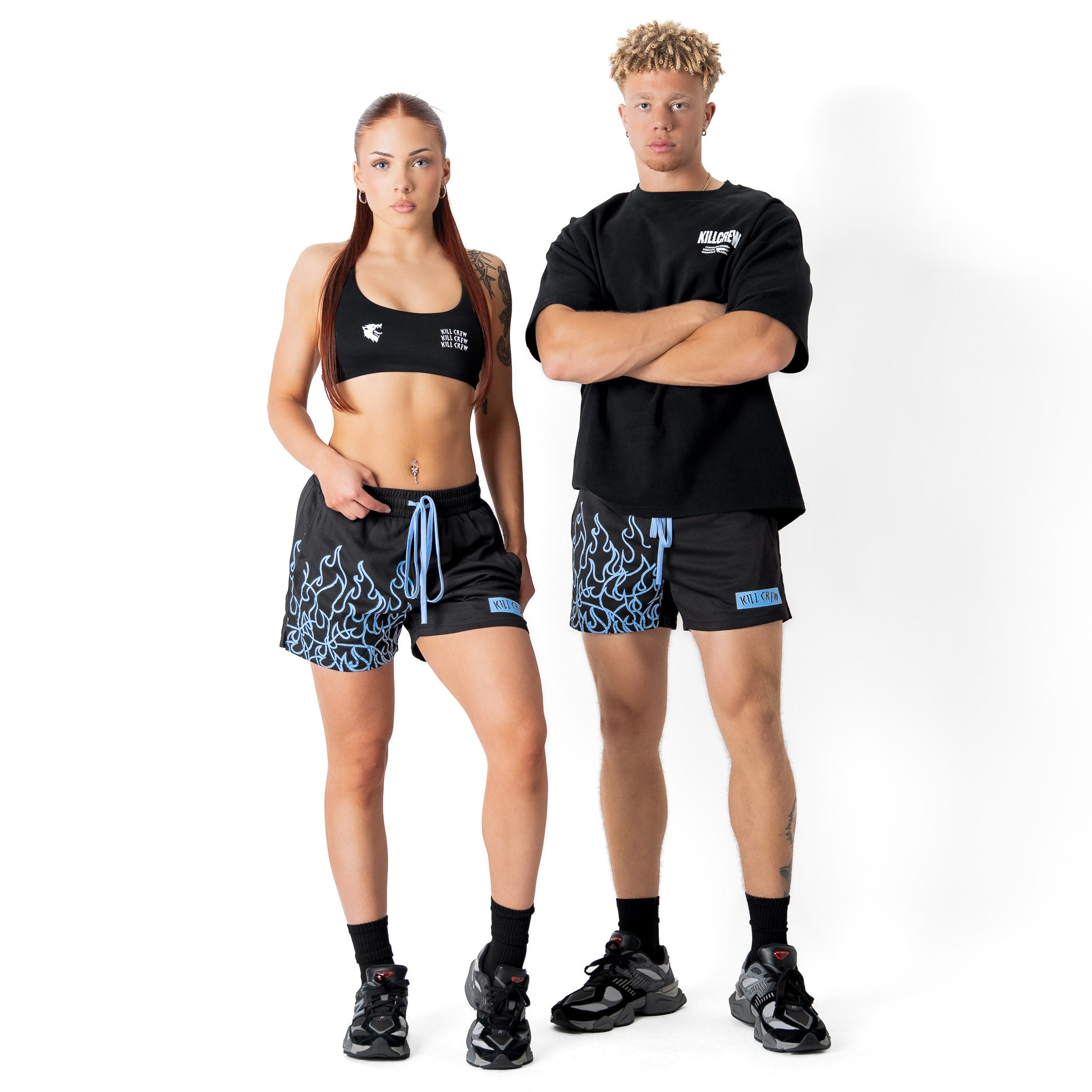 MUAY THAI FLAME SHORTS (MID THIGH CUT) - BLACK / BLUE