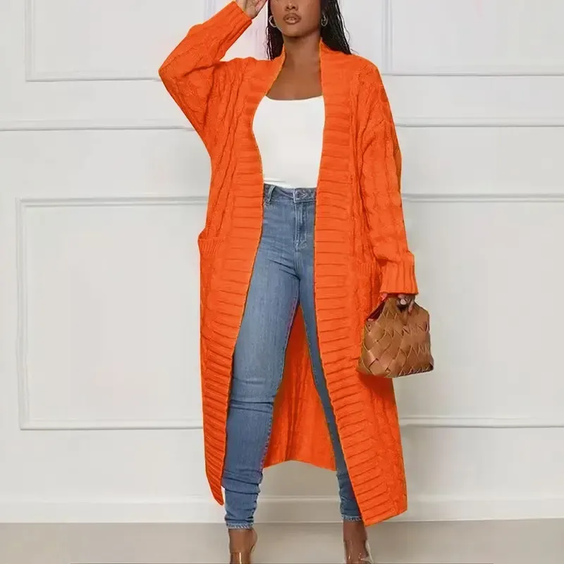 Women's Solid Color Textured Drop Shoulder Pocket Longline Cardigan