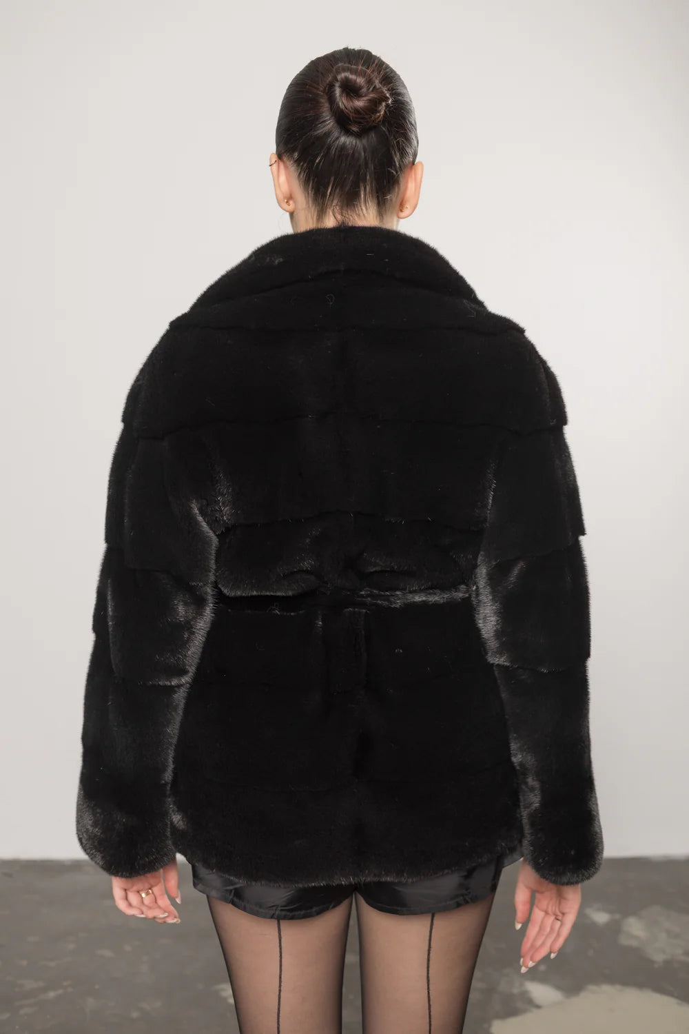 Haină din Blană Naturală de Vizon, Guler Rever, cu Cordon,  Femei, Diamond Black 414