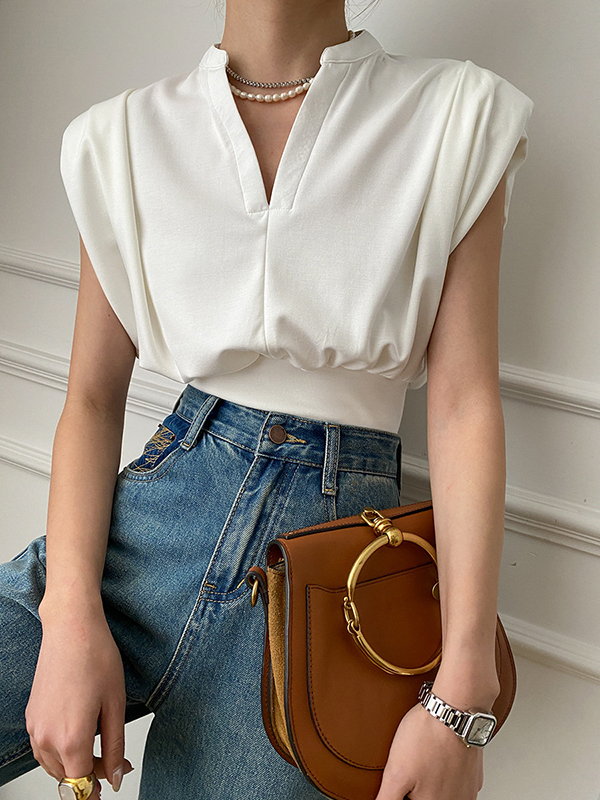 Pleated Shoulder Pad Solid Color Loose Sleeveless V-Neck T-Shirts Tops
