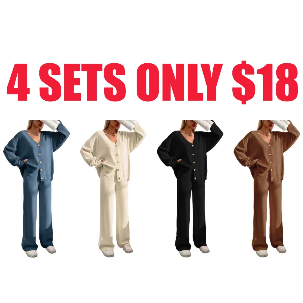 Women's Button Front V-Neck Cardigan & Wide Leg Pants Set