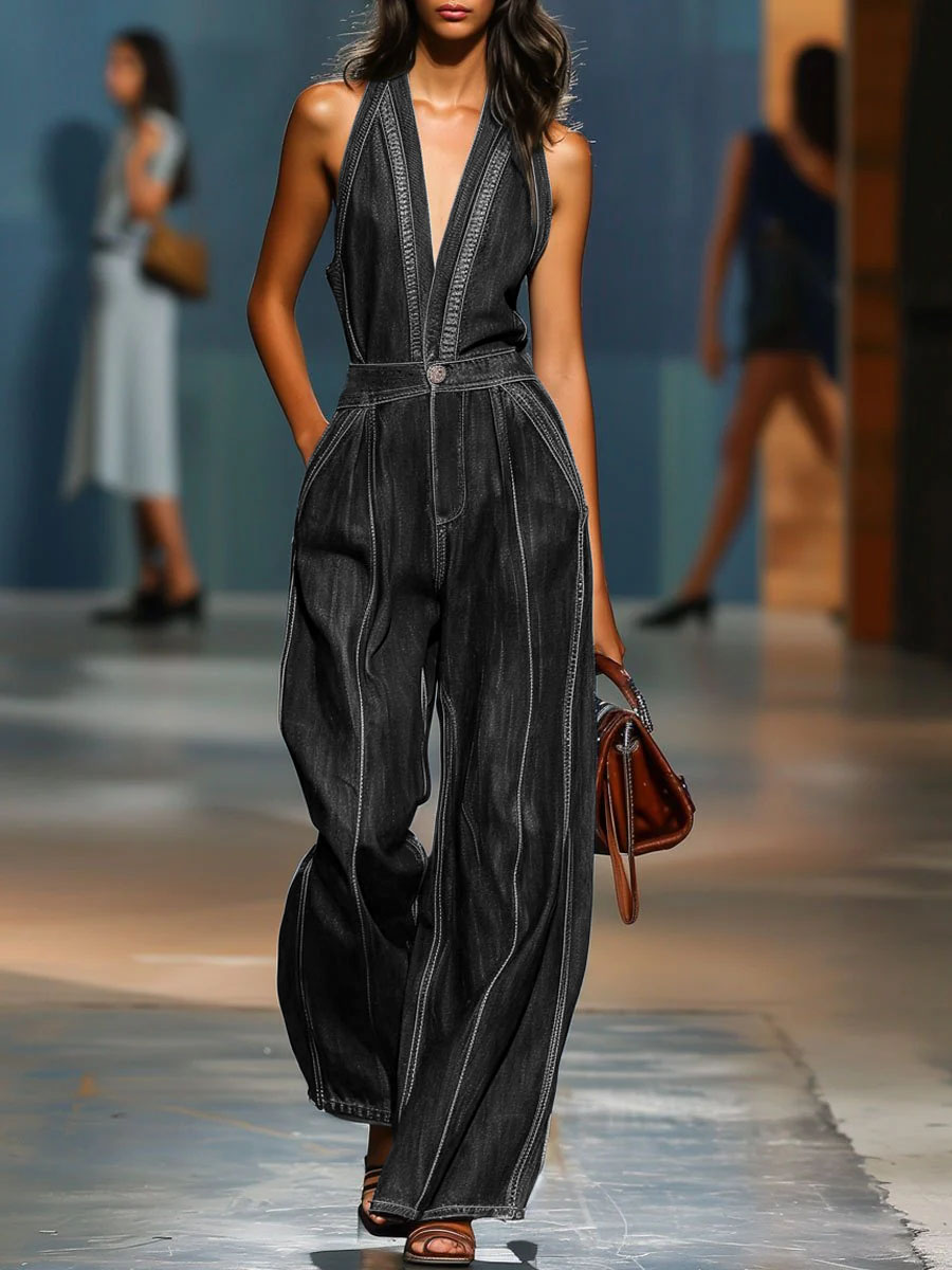Women's V-neck Sleeveless Casual Loose Denim Jumpsuit With Wide Legs