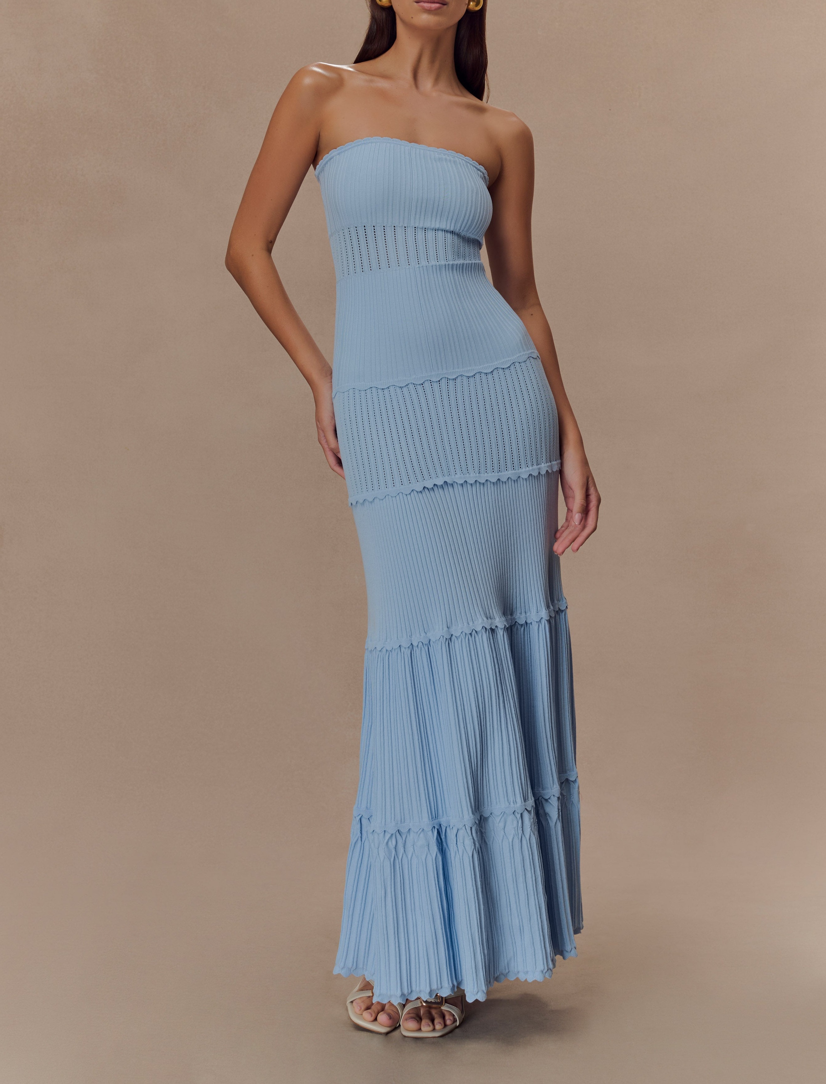 Blue Pointelle Knit Maxi Dress
