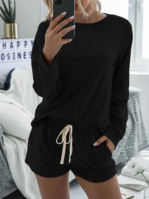 Long Sleeve Round Neck Top & Pocket Shorts Pajamas Set