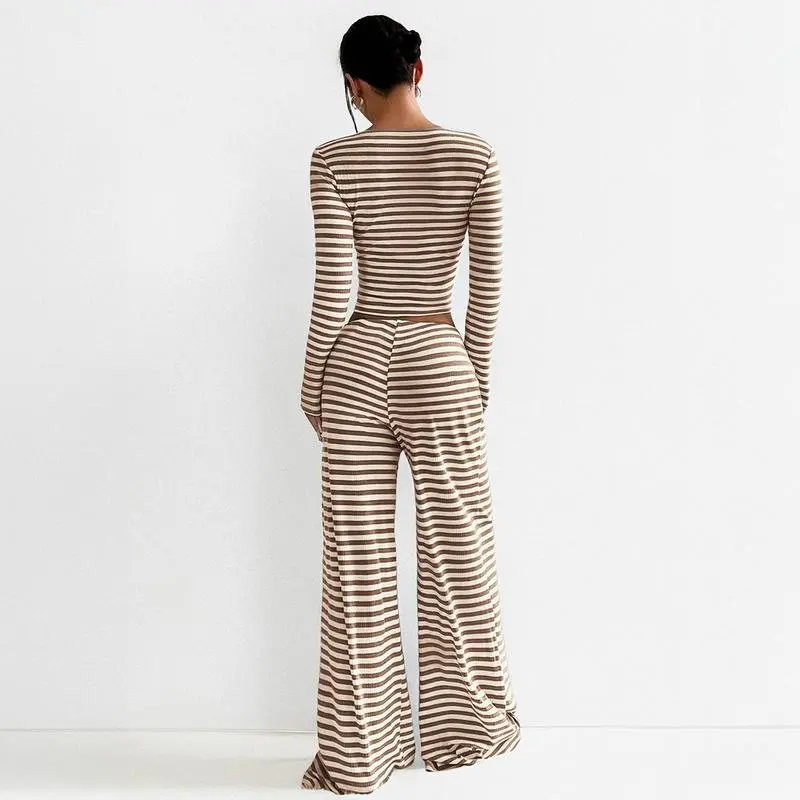 Women's Stripe Square Neck Long Sleeve Crop Top & Wide Leg Trousers Set